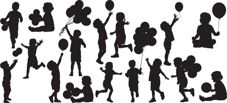 Children playing with balloons silhouettes set, children holding, catching, or releasing balloons various dynamic poses. vector