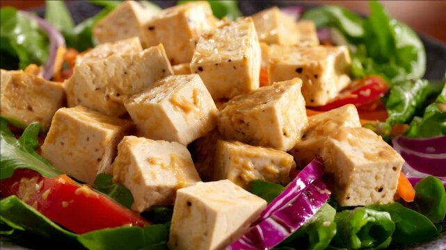 A vibrant, healthy meal option featuring a colorful mix of vegetables and tofu cubes for plant-based protein.