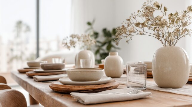 Elegant Dining Table Setup with Neutral Colors and Natural Accents in a Bright and Inviting Space