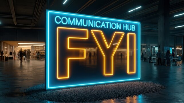 A glowing neon sign reading "COMMUNICATION HUB FYI" stands prominently in a modern indoor space with people and equipment in the background.