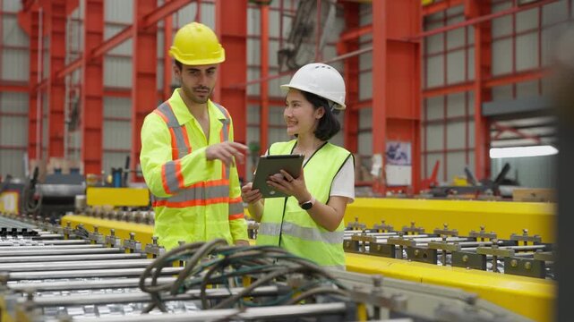 Industrial man and woman engineers using digital tablet checking machine inside factory, workers wearing hardhat and safety vest inspecting workflow machinery in production line