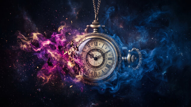 Vintage pocket watch dissolving into colorful cosmic smoke and stardust in deep space, conceptual representation of time and eternity