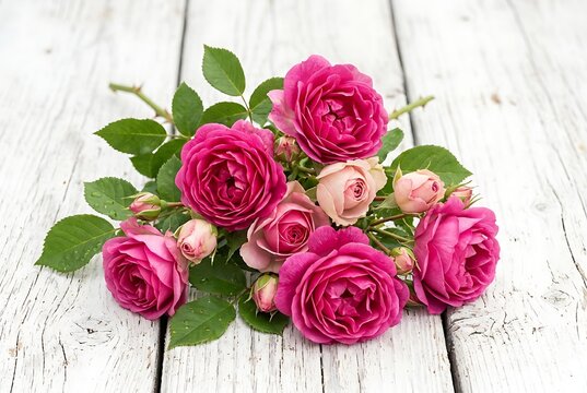 Beautiful bouquet of pink roses lying on a rustic white wooden background, fresh pink roses for romantic greeting cards, elegant pink roses and buds in a natural floral arrangement
