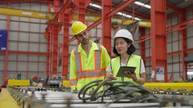 Industrial man and woman engineers using digital tablet checking machine inside factory, workers wearing hardhat and safety vest inspecting workflow machinery in production line