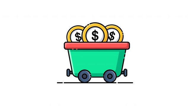 Cartoon mining cart filled with gold coins and dollar signs.