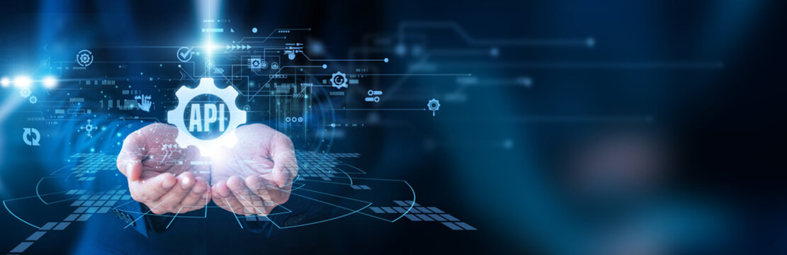 Developer holding the laptop API integration system software connection data exchange application programming interface digital service communication platform development coding technology network.