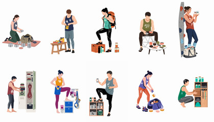 Fototapeta premium Vector illustration set of active people preparing gear, packing bags, and organizing food for climbing, hiking, and fitness activities.