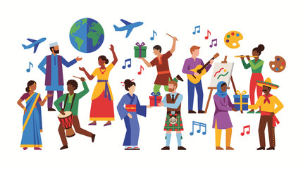 Fototapeta premium Happy diverse multicultural people celebrating cultural heritage music and performing traditional dances with gift exchange