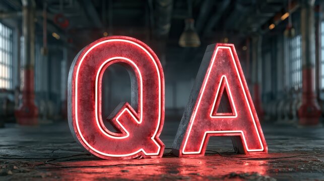 Neon red glowing letters "QA" stand illuminated in a dim industrial setting, symbolizing quality assurance in a modern, gritty environment.