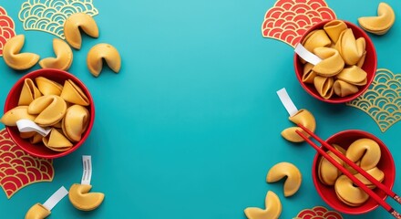 Fototapeta premium Chinese New Year Fortune Cookies in Red Bowls with Chopsticks on Teal Background with Central Copy Space
