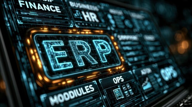 Digital interface showcasing ERP software with modules like finance, HR, and operations in a futuristic, tech-driven environment.