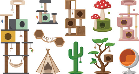 Cat Furniture Collection Vector Set with Modern Cat Trees Scratching Posts Mushroom House Teepee Cactus Scratcher and Cozy Pet Loungers © MstBobita