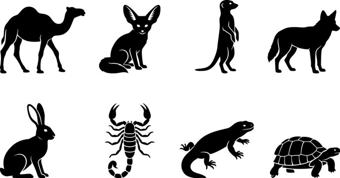 Wild Animal Silhouette Collection Featuring Camel Fennec Fox Meerkat Jackal Rabbit Scorpion Lizard and Tortoise Vector Set