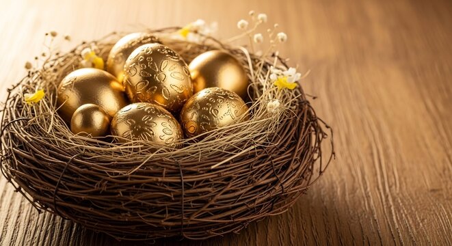 Collection of ornate and patterned golden eggs gathered in a nest with small white flowers.