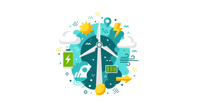 Renewable Energy and Sustainability Concept Illustration with Wind Turbine, Solar Power, and Battery Storage Icons in Flat Design Style