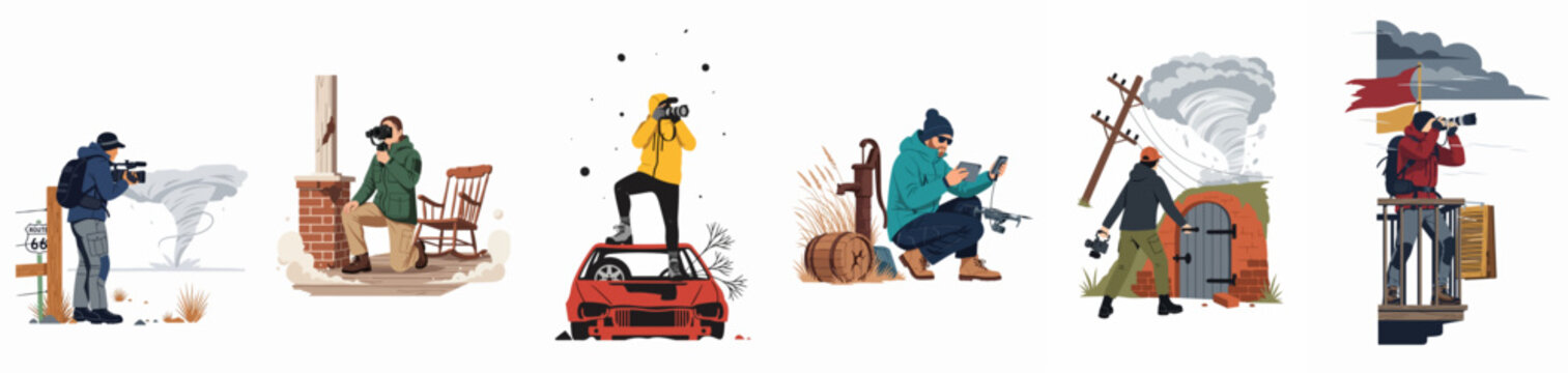 Illustrations of professional storm chasers and photographers documenting powerful tornadoes and extreme weather events using cameras and drones in various outdoor settings.
