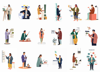 Fototapeta premium Diverse collection of flat vector illustrations depicting community moderators, digital safety management, social media administration, and online platform security scenarios.