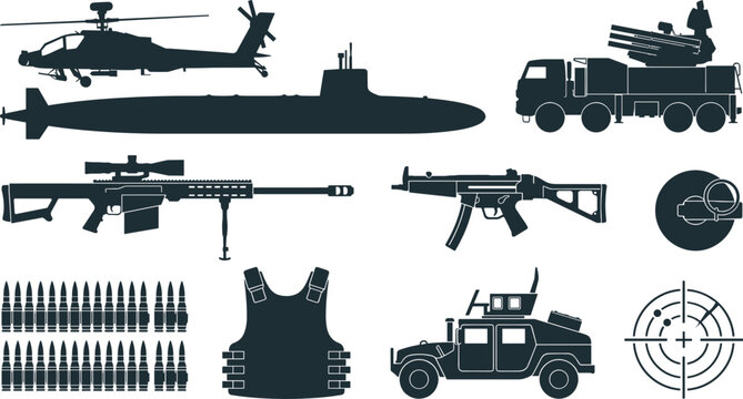 Military Logistics and Heavy Warfare Silhouette Icon Set with Attack Helicopters Submarines Missile Trucks Sniper Rifles Armored Vehicles and Ammunition Assets