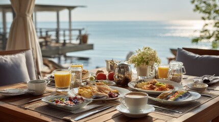 Fototapeta premium Elegant Breakfast Spread by the Seaside with Fresh Fruits, Juices, and Delicious Pastries on a Wooden Table