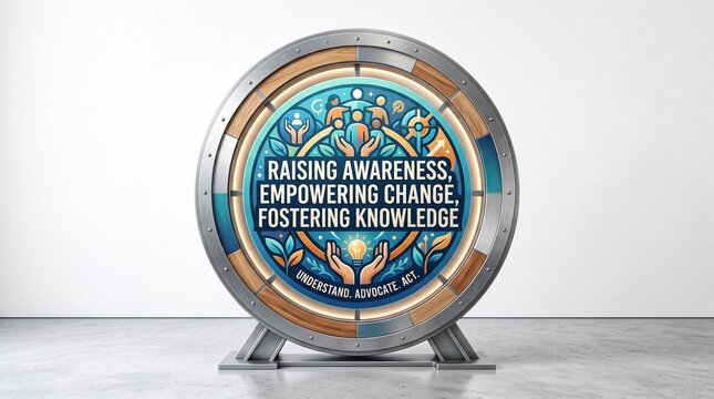 Circular metallic display stand featuring an inspirational sign about raising awareness and fostering knowledge on a white background
