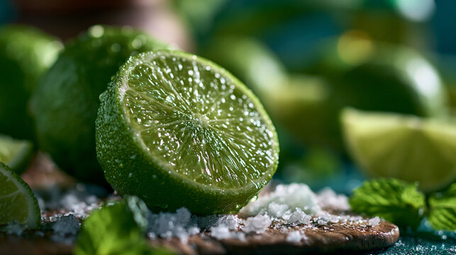 Fresh lime half slices with coarse sea salt and mint leaves on wooden surface, ingredient