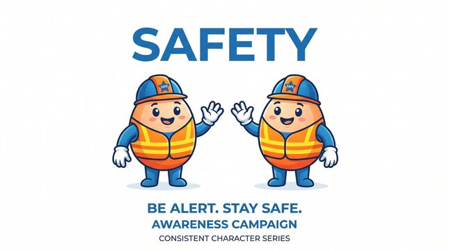 Cute cartoon characters dressed as builders wearing hard hats and high visibility vests waving