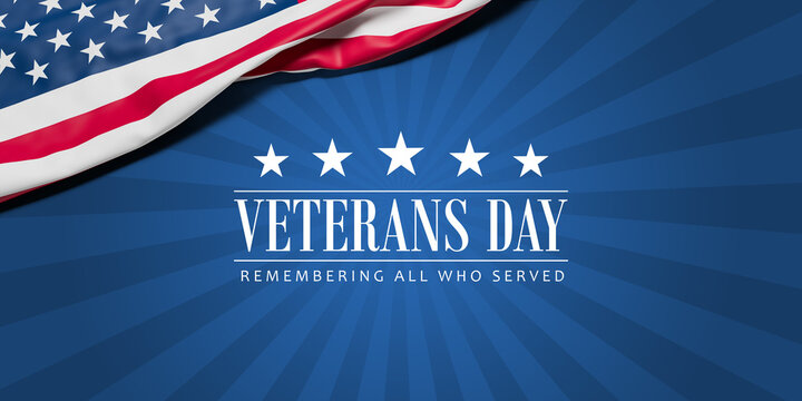 The wrinkled flag of the USA draped onto a flat surface with blue rays and the text "Veterans Day - Remembering all who served"