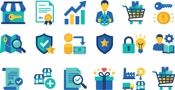 Vector flat color icon set of franchise retail business management global logistics financial strategy marketing and commercial contract concepts featuring store gift and cart