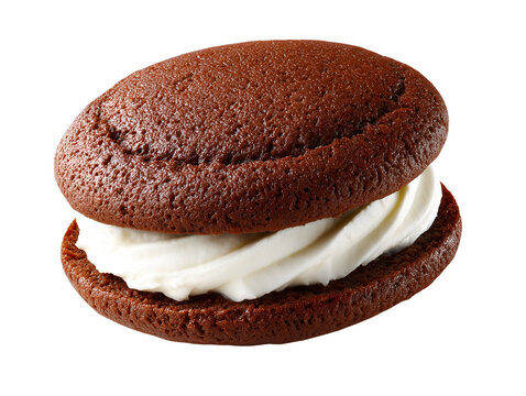 Classic chocolate whoopie pie with rich vanilla cream filling, soft cake-like sandwich cookie, isolated on a white background.