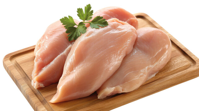 Raw chicken breasts on wooden cutting board with parsley on transparent background.