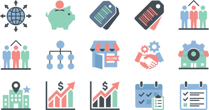 Vector color icon set of corporate workflow retail business management marketing strategy and franchise concepts featuring piggy bank handshake marketplace and charts