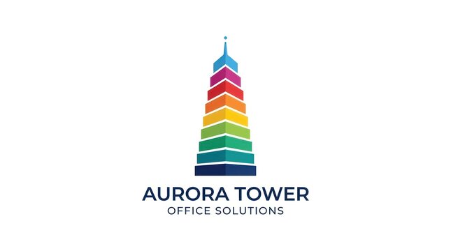 Abstract colorful gradient layers forming pyramid tower logo for corporate office solution.