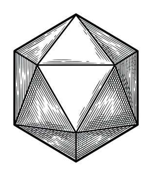 正二十面体の幾何学形状を描いた白黒彫刻風イラスト