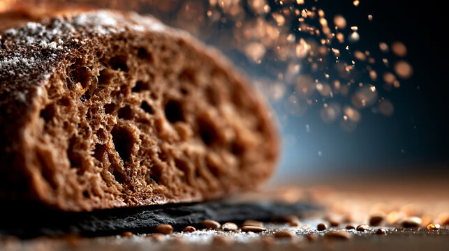 Fresh artisan sourdough bread slice with flour dusting on dark rustic table background