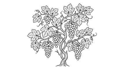Obraz premium Vintage grapevine sketch with ripe fruit clusters, hand drawn grape vine vector illustration, black and white vineyard plant for wine label design