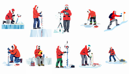 Collection of polar scientists and explorers performing various research activities and measurements on ice in flat vector style. © Payandu