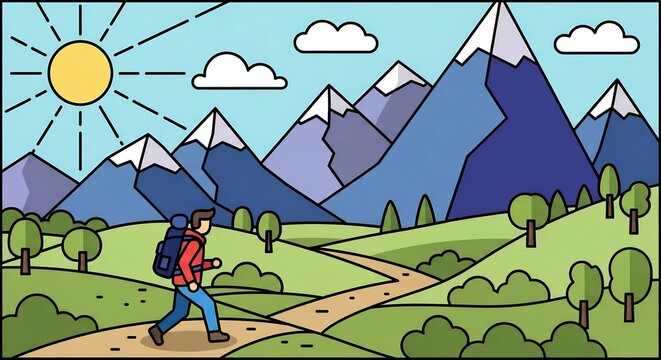 Colorful cartoon illustration of a hiker walking on a mountain trail under a bright sun.