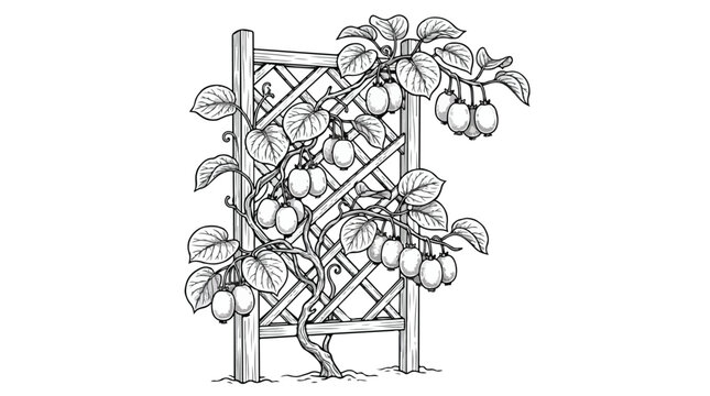 Vintage kiwi fruit vine on garden trellis, botanical line art illustration of climbing kiwi plant, hand drawn garden fruit vector