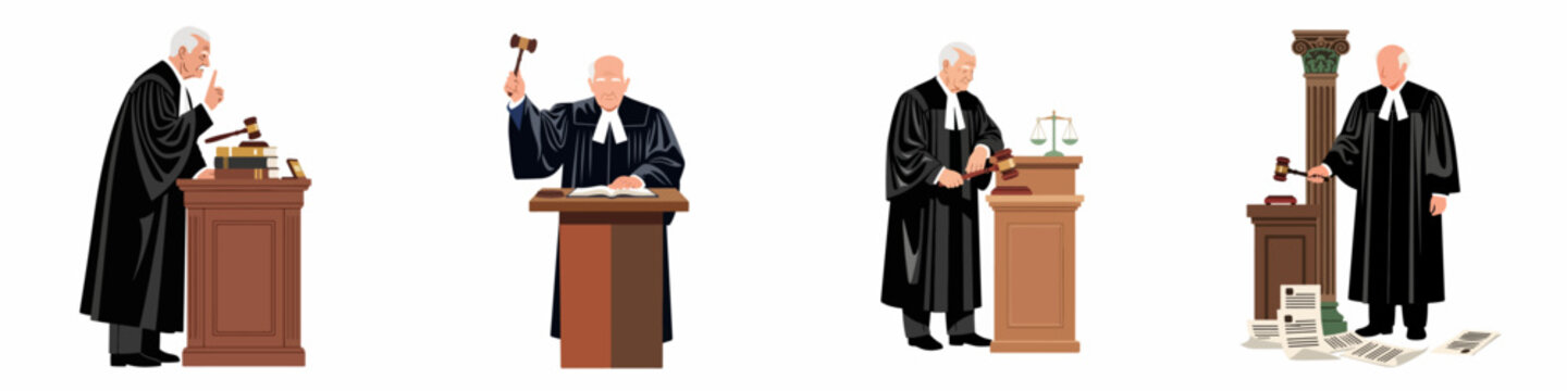 Set of four vector illustrations showing senior male judges in black robes holding gavels and standing at court podiums on white background.