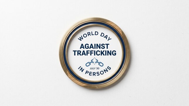 Circular gold badge for World Day Against Trafficking in Persons promoting human rights and freedom
