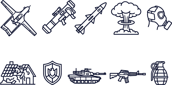 Military Warfare and Nuclear Defense Outline Icon Set with Combat Drones Rocket Launchers Missiles Mushroom Clouds Gas Masks and Heavy Battle Tanks Line Art