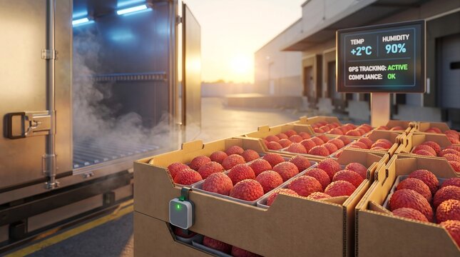 Premium Lychee Cold Chain Logistics With IoT Temperature Monitoring at Warehouse Loading Dock