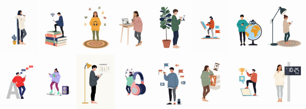 Diverse flat illustration set featuring people using digital devices for online education, distance learning, language courses, and various creative activities at home.