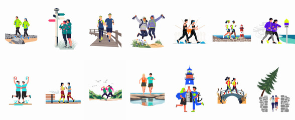 Fototapeta premium Set of flat vector illustrations featuring people running, hiking, and enjoying outdoor fitness activities in various scenic landscapes like coasts, forests, and bridges.