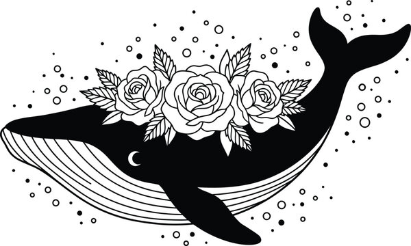 Black whale silhouette with roses and crescent moon vector illustration