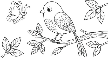 Fototapeta premium Cute bird on branch and butterfly coloring page line art