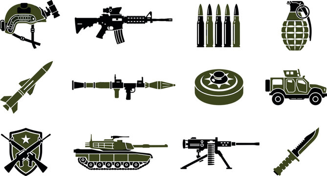 Military Weapon and Heavy Armor Vector Icon Set with Assault Rifles Rocket Launchers Tanks Grenades and Tactical Soldier Gear Icons in Green and Black Silhouette