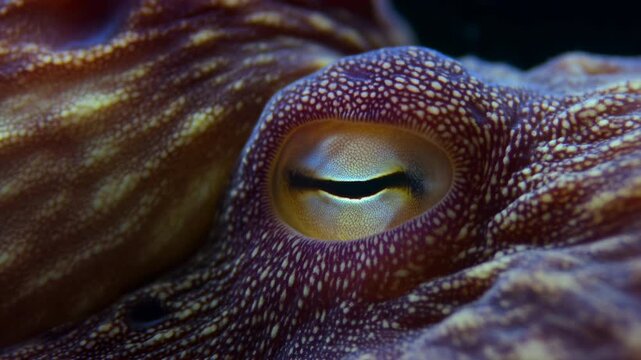 Extreme macro view of octopus eye with horizontal slit pupil, mottled textured skin, soft directional light, calm resting pose, subtle changing spotting, rich marine detail