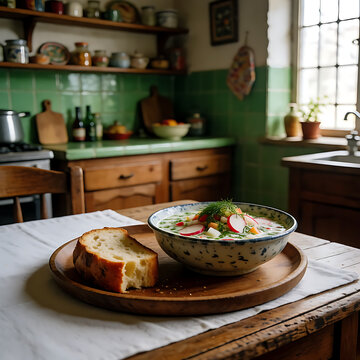 Okroshka, okroshka in a plate, cozy kitchen, kitchen table, vegetables, kvass.