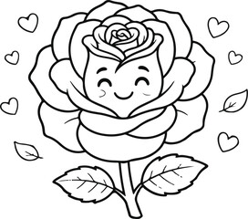 Smiling flower and mushroom in garden. Cartoon botanical illustration with sparkles.